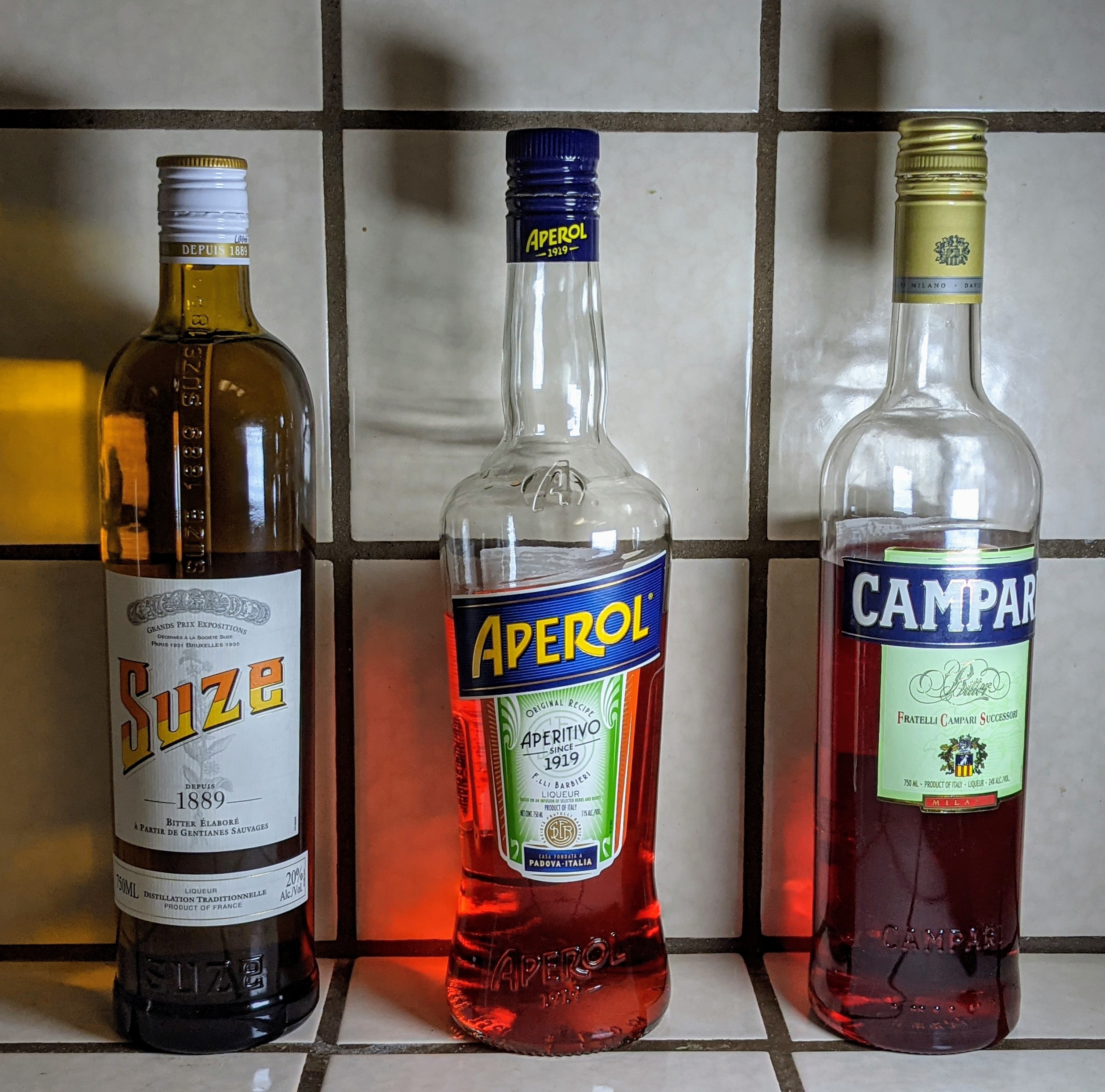 botles of Suze, Aperol, and Campari